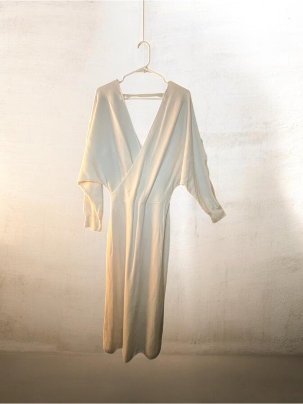 Women's Cream Long Sleeve Wrap-Front Sweater Dress with Belt